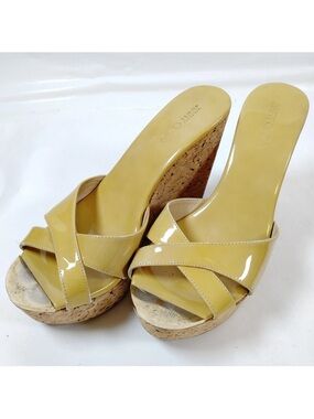 Jimmy Choo Prima Mustard Patent Leather Cork Wedge Slide Sandals👝